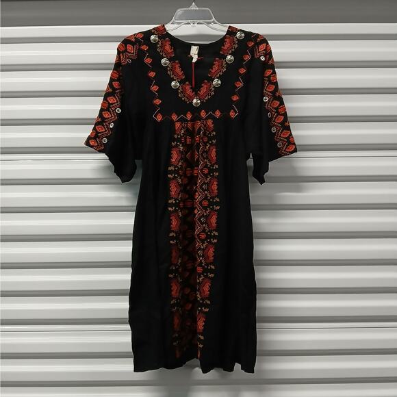 Anthropologie Raga Rala Bohemian Tunic Dress Small Black Embroidered Boho Hippie - Picture 4 of 12